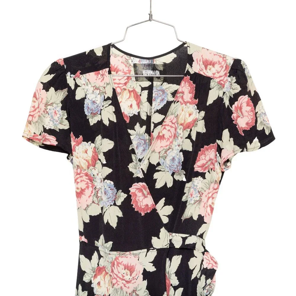 Reformation Linda Brookvale Black Viscose Floral Print Midi Wrap Dress - Size S - Picture 5 of 12